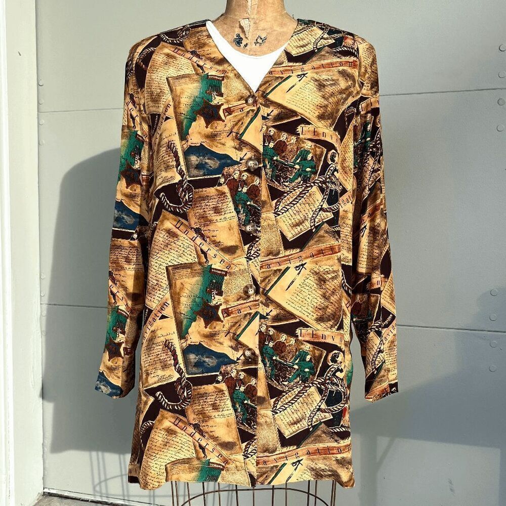 August Silk Vintage Print Blouse L - 100% Silk, History-Inspired Collage Pattern